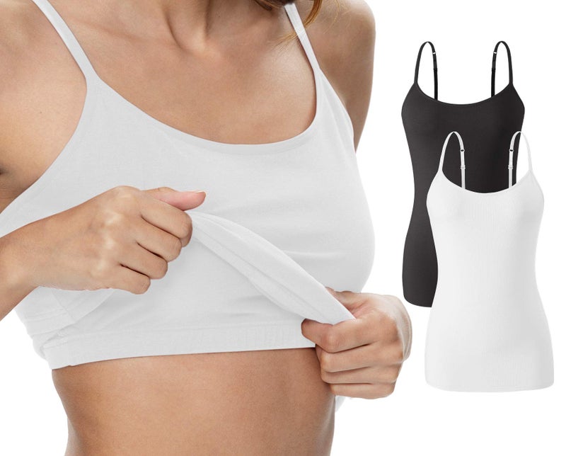 Vislivin Womens Cotton Camisole Adjustable Strap Tank Tops with Shelf Bra Stretch Undershirts 2 Pack Black/White XL - Image 1